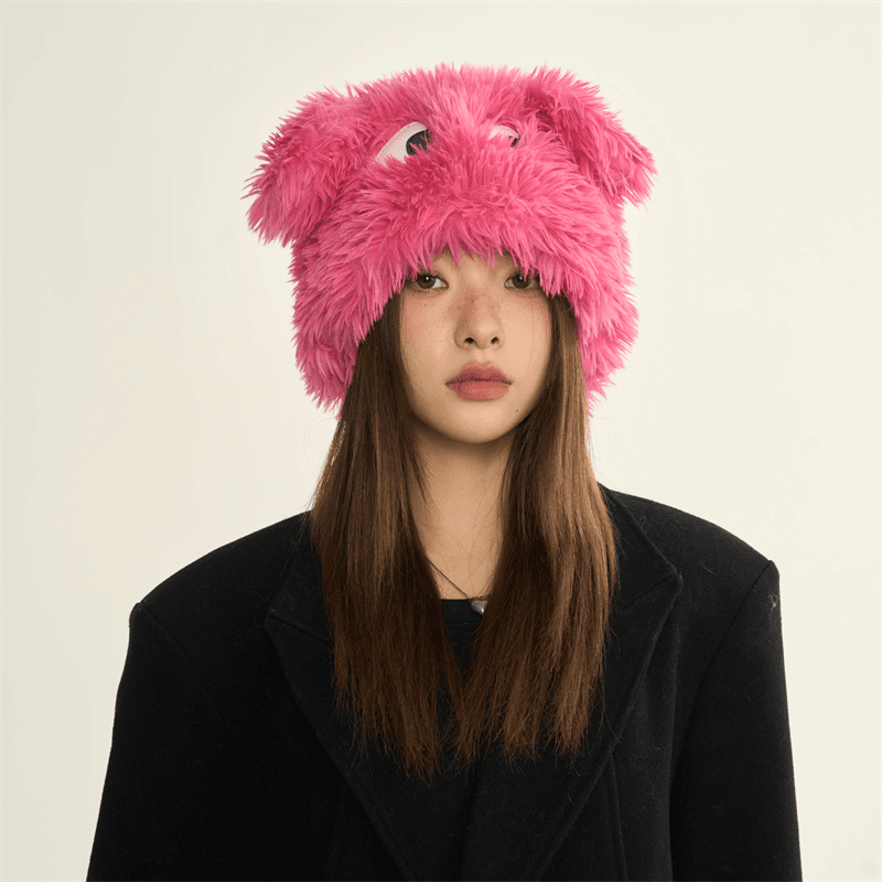 秋冬新款网红可爱搞怪小狗帽女大眼长耳朵渔夫帽冬季毛绒帽雷锋帽