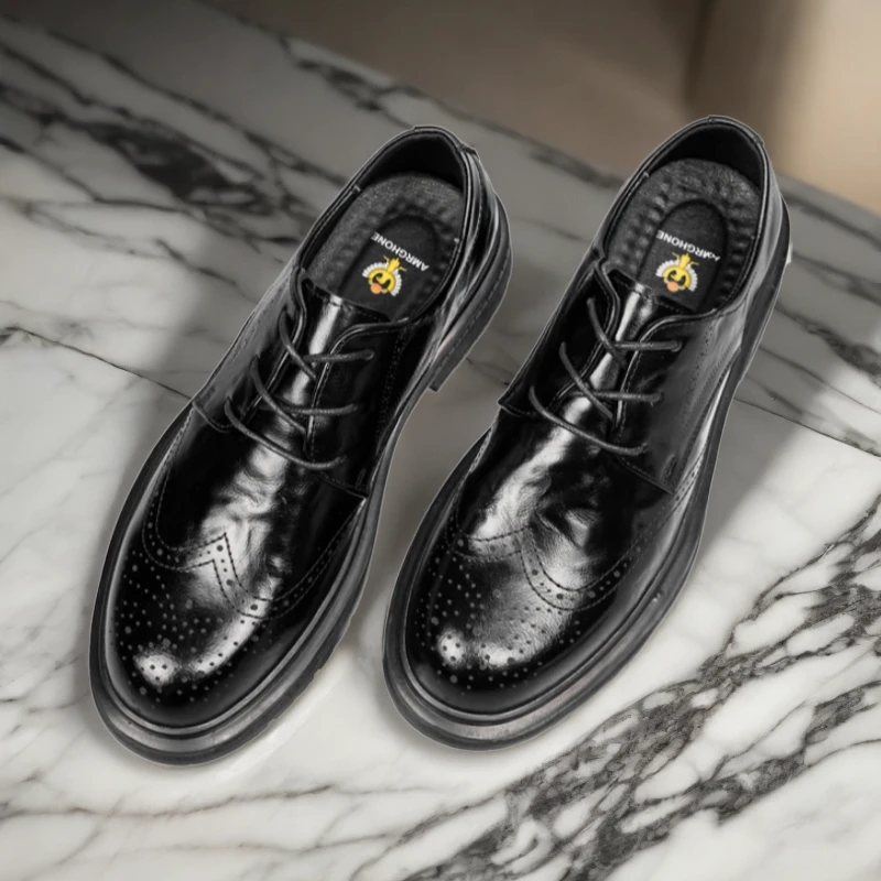 男士头层牛皮高档商务休闲皮鞋新款时尚百搭系带布洛克男鞋85535