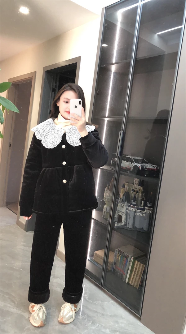 【米幂家】2023冬新款丝绒套装娃娃领可外穿家居服睡衣女加绒加厚棉