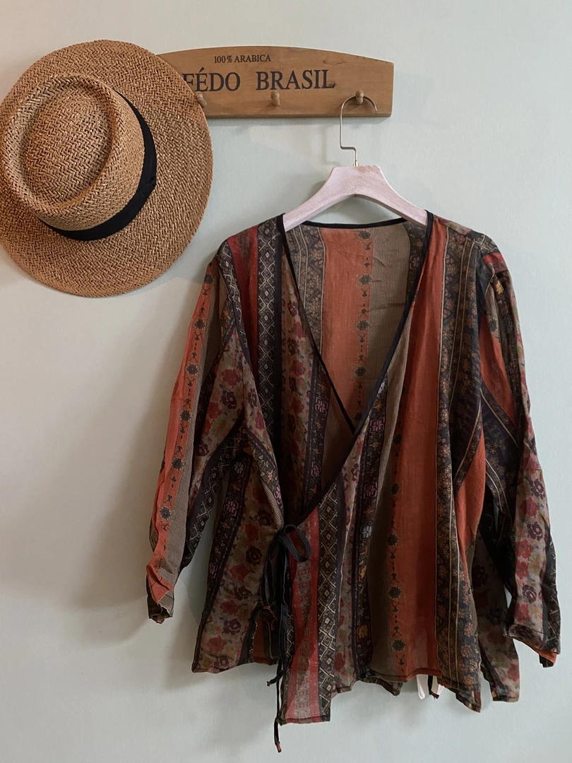 花意潮-5102苎麻外搭长袖时尚休闲百搭夏季红拼接设计师花色红色