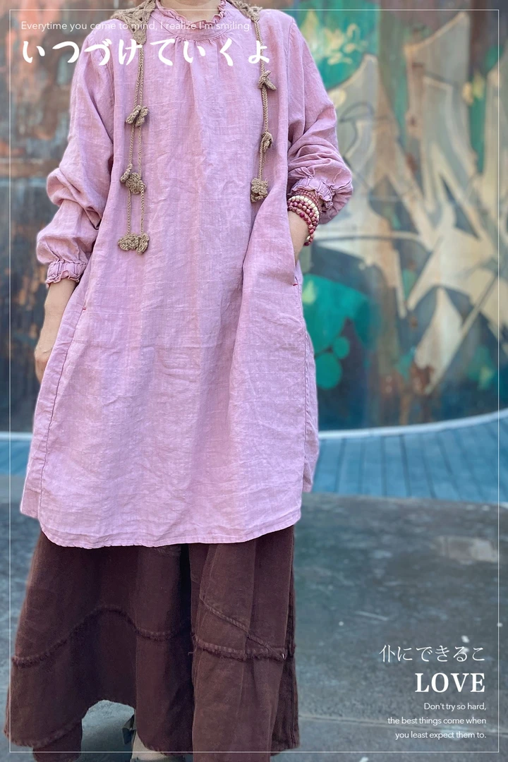 花意潮-55002亚麻大衫长袖时尚休闲百搭气质紫色设计师网红纯色