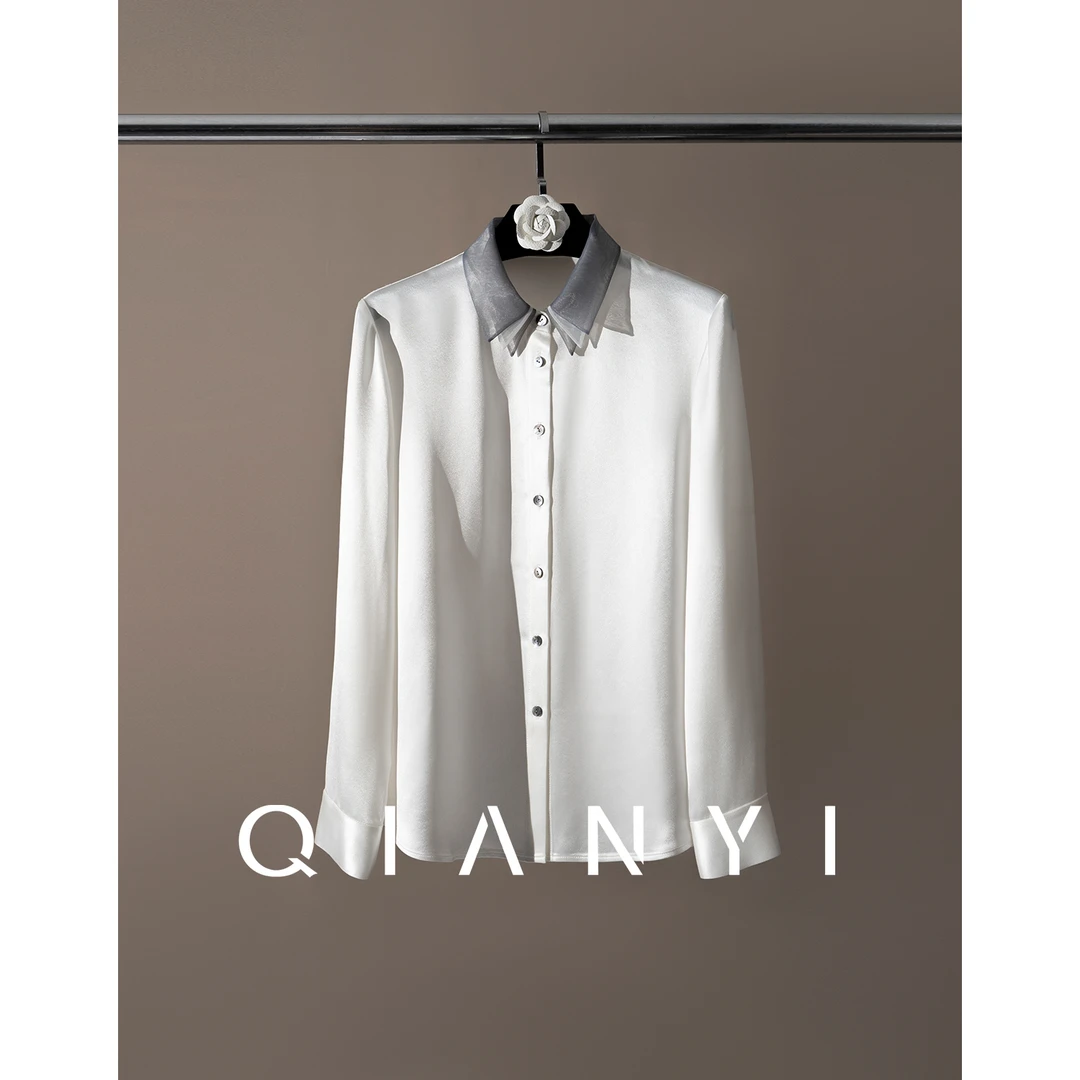 纤屹2024新款秋季气质通勤女装轻奢三醋酸高级感三层领百搭衬衫