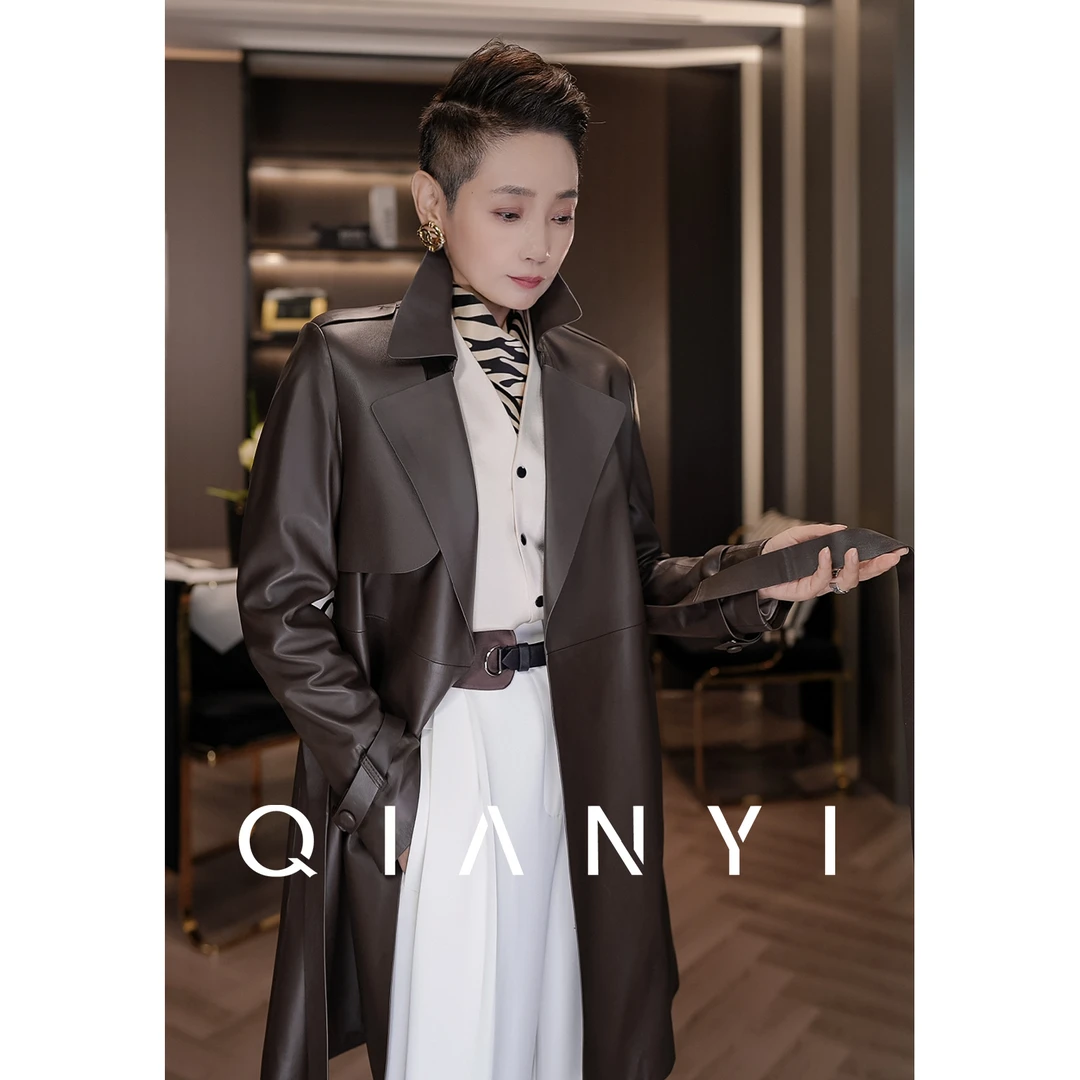 纤屹2024外套时尚风衣真皮中长款皮衣女外套潮流外套显瘦皮衣高档