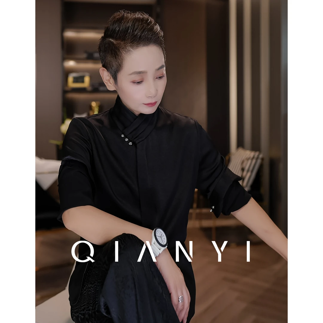 纤屹QIAN_YI新品设计感纯色立领衬衫休闲时尚百搭法式衬衣女