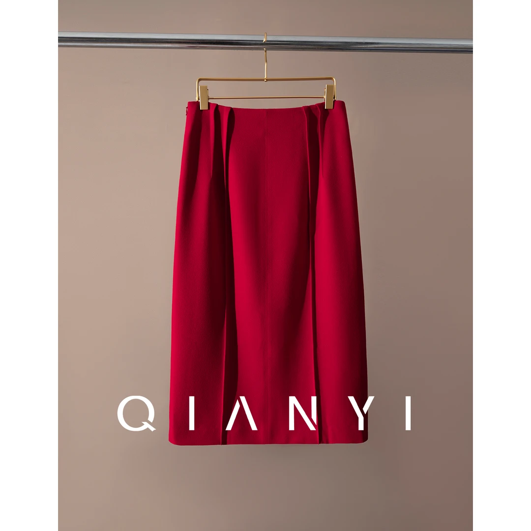 纤屹2025新款春夏高级感气质红色中长款直筒遮肉显瘦女装半身裙