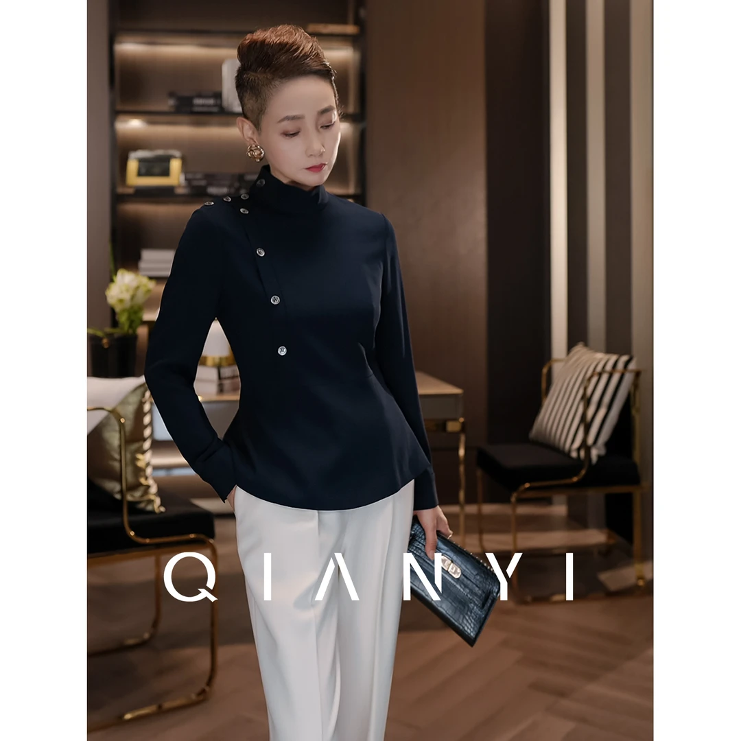 纤屹2025新款春季气质通勤百搭轻奢设计师高级感立领显瘦女装衬衫