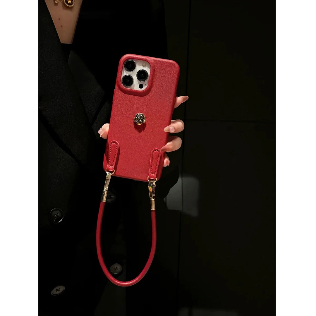 BANCA安哥拉红山茶红适用iPhone16pro皮纹苹果15/14/13/12手机壳