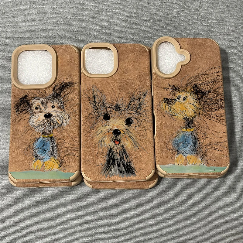 BANCA咖色凌乱小狗适用苹果16pro手机壳iPhone15翻毛皮14软13/12