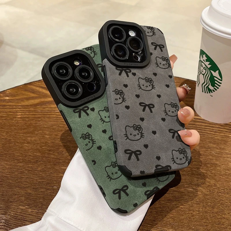 BANCA线条蝴蝶结KITTY适用苹果16pro手机壳iPhone15翻毛皮14/13女