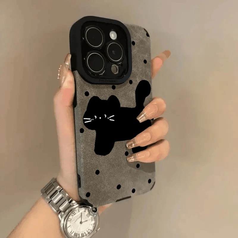 BANCA可爱波点黑喵喵适用苹果16pro手机壳iPhone15翻毛皮14高级13