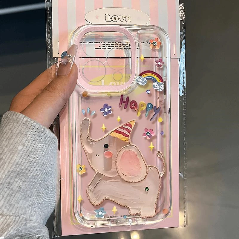 BANCA粉框涂鸦快乐小象适用iphone15/14手机壳华为vivo小米oppo
