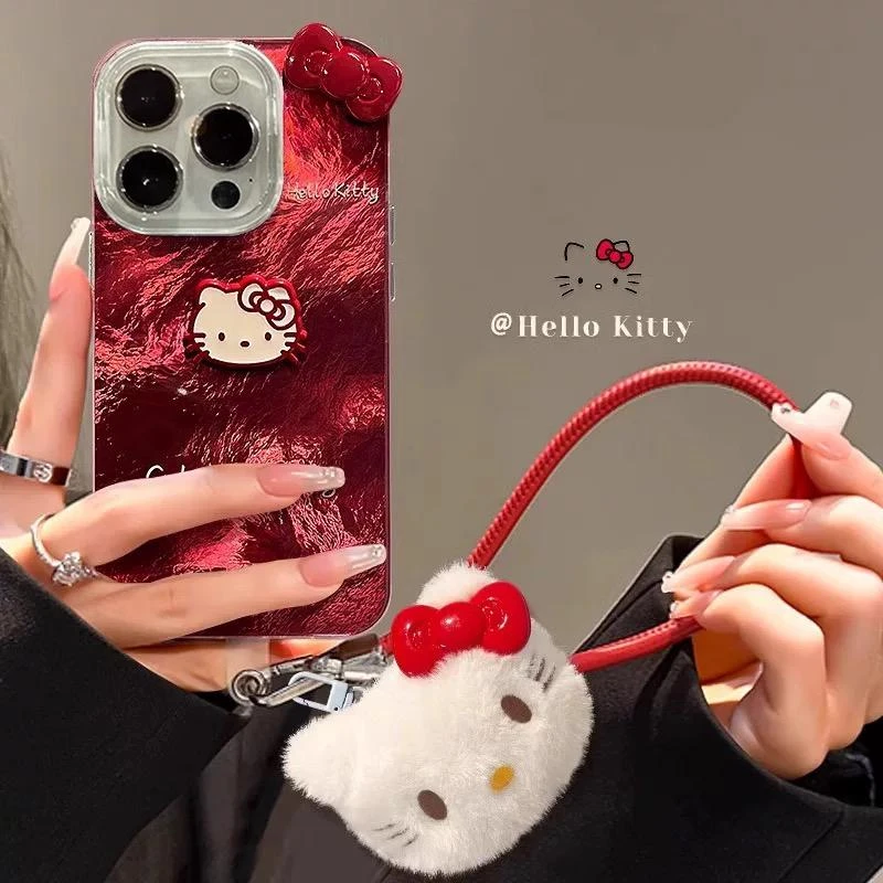 BANCA红色冰川纹凯蒂猫公仔挂绳适用苹果16/15手机壳华为vivo小米
