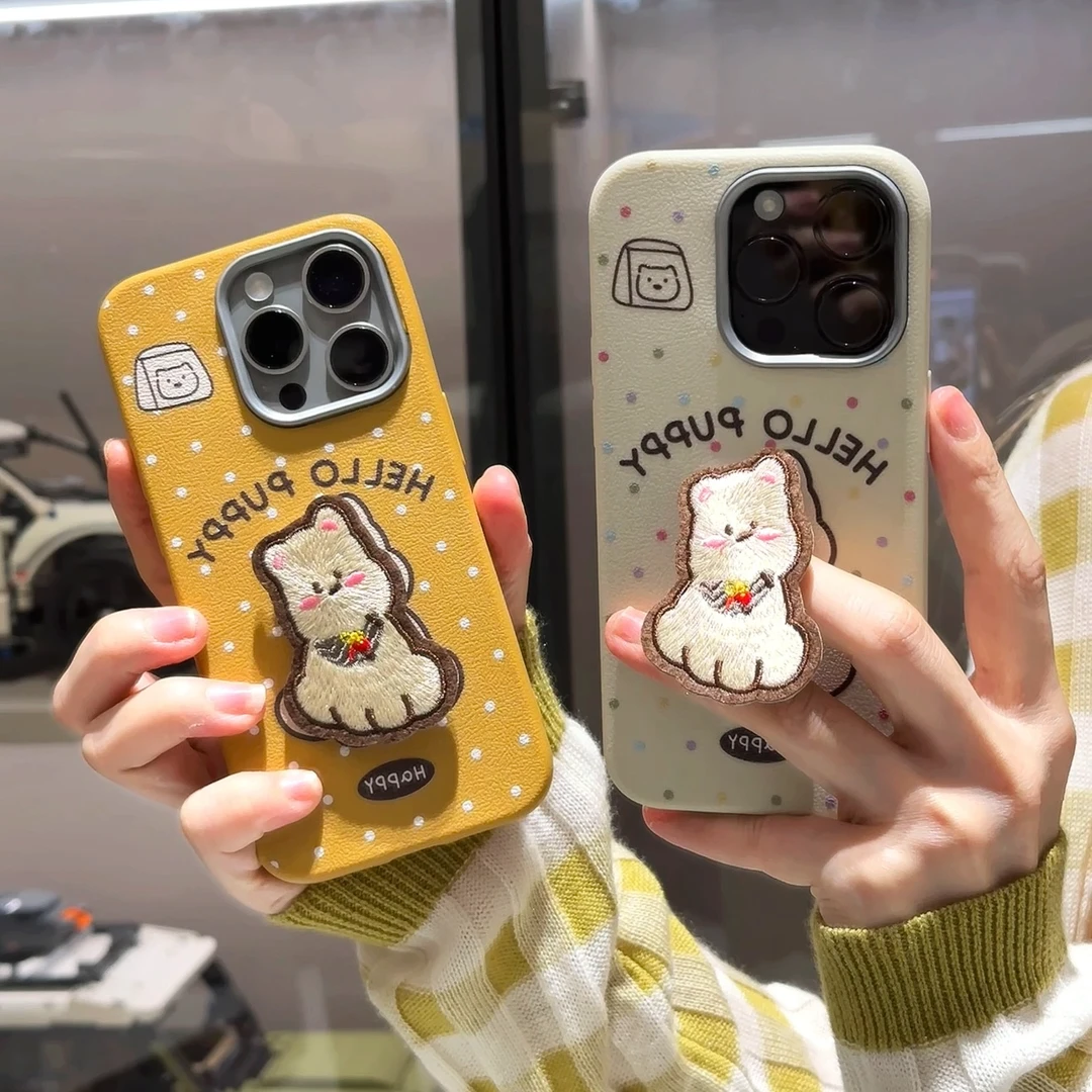 BANCA刺绣小狗支架适用苹果16手机壳iphone15/14金属框13皮纹12女