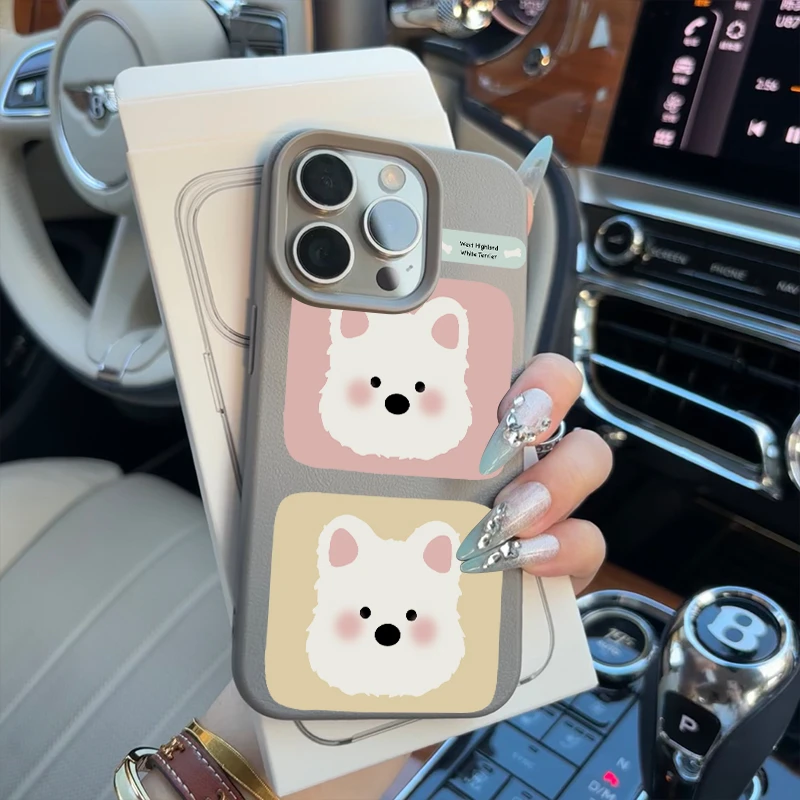 BANCA腮红两只西高地适用苹果16promax手机壳15plus荔枝纹14软13