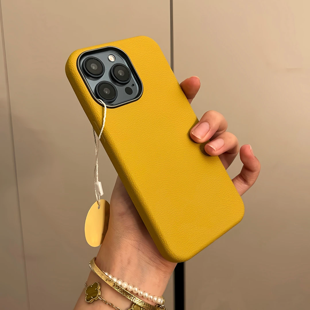 BANCA姜黄色皮纹金属框适用iPhone15promax苹果16手机壳14防摔13
