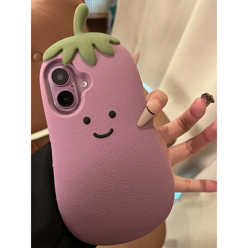 BANCA立体笑脸茄子适用苹果16手机壳iPhone15promax硅胶14防摔13