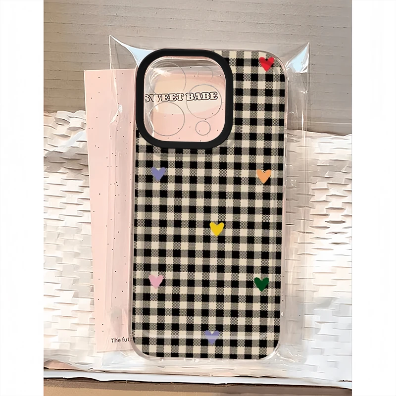 BANCAins黑格纹爱心适用iphone16/15手机壳苹果华为vivo小米oppo