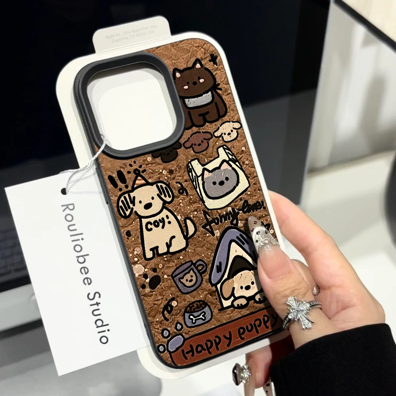 BANCA美拉德色系小狗适用苹果16手机壳iphone15/14荔枝纹13磨砂12