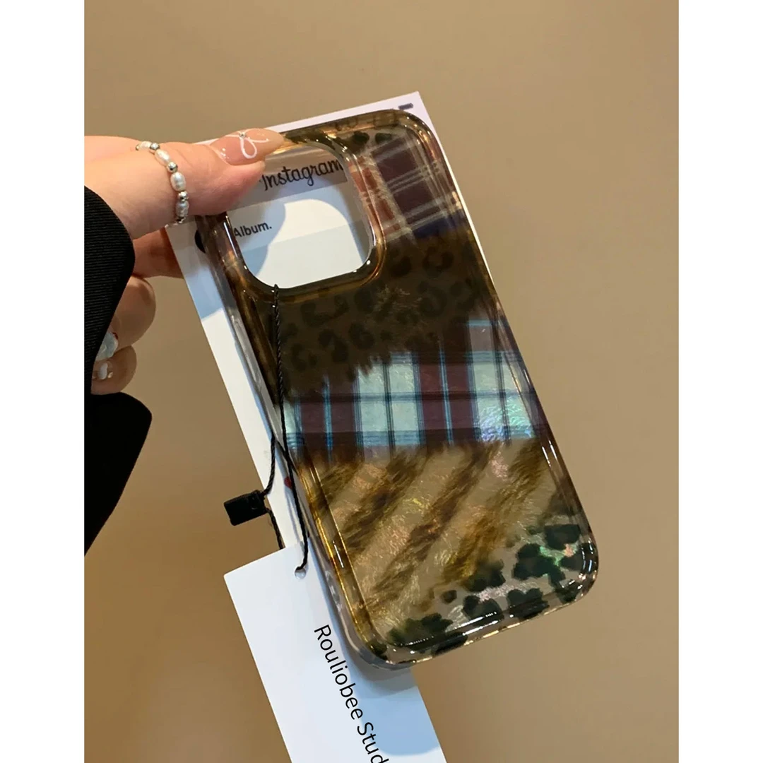 BANCAins撞色格拼接豹纹适用苹果16手机壳iphone15/14pro冰川壳13