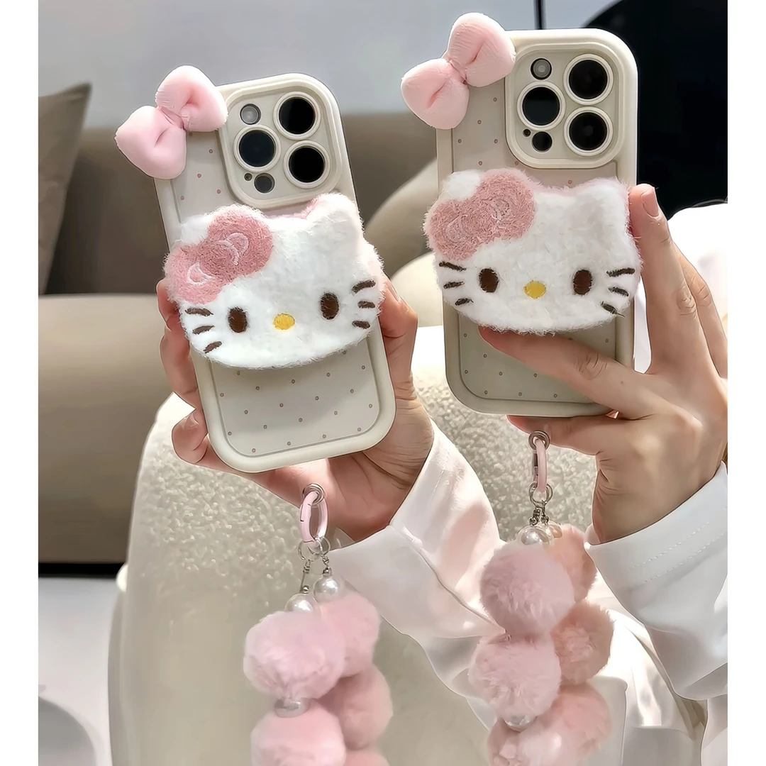 BANCA毛绒kitty猫适用苹果16/15promax手绳13手机壳华为P70小米14