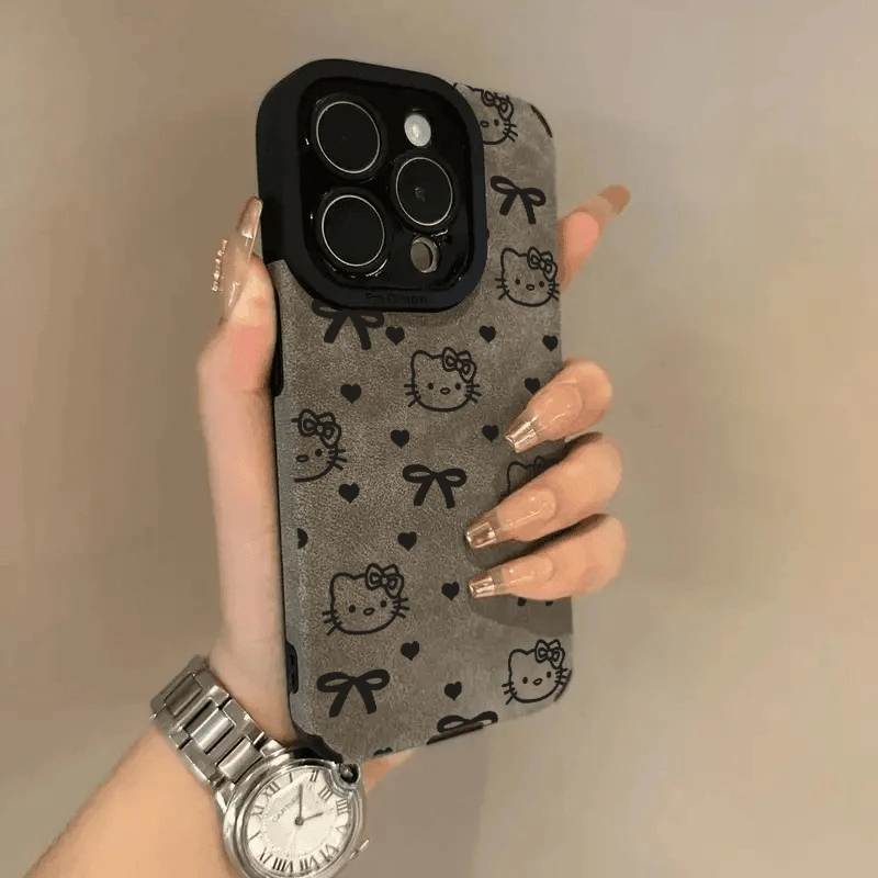 BANCA线条蝴蝶结KITTY适用苹果16pro手机壳iPhone15翻毛皮14/13女