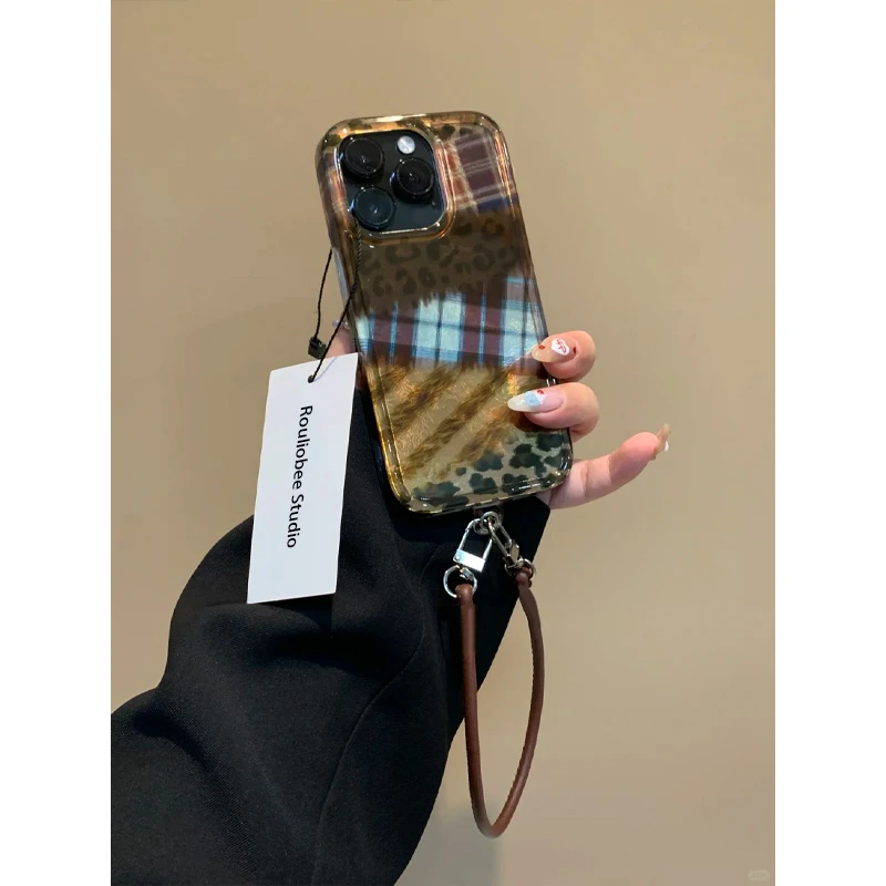 BANCAins秋冬拼接格纹豹纹适用苹果16pro手机壳15皮质挂绳14新13