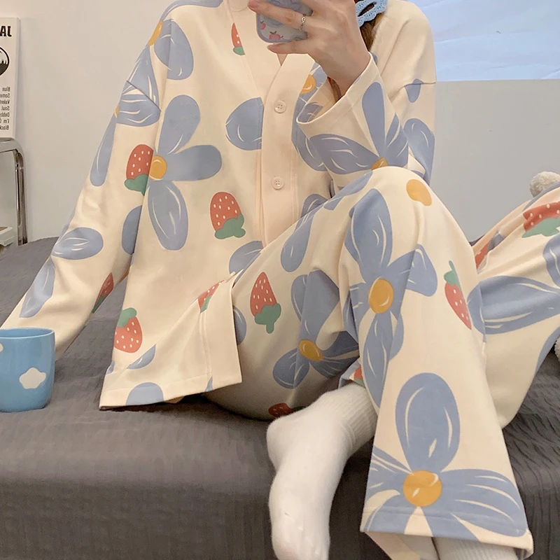 睡衣女春秋款开衫套装长袖印花卡通ins风薄款大码棉感家居服秋冬