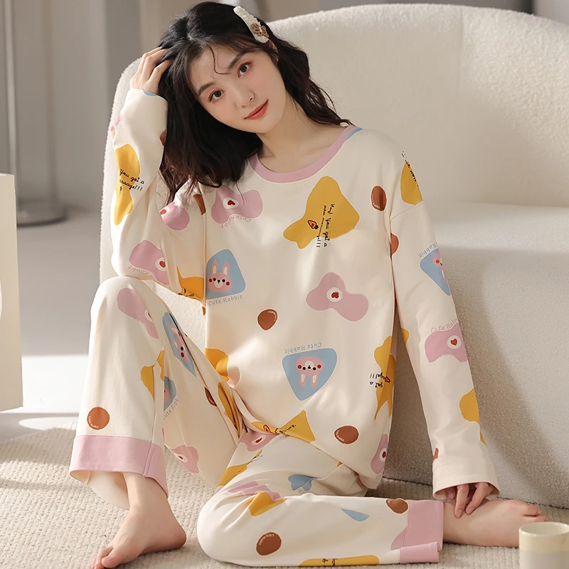 睡衣女春秋季大码网红卡通可爱长袖款可外穿家居服韩版套装宽松