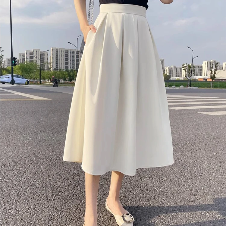 夏季新款气质白色小个子显瘦半身裙百褶中长款高腰a字裙法式伞裙