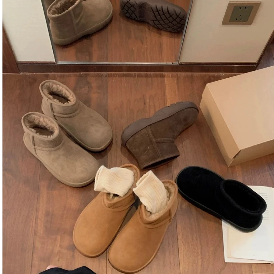 圆头厚底保暖棉鞋减龄加绒加厚短筒雪地靴女秋冬