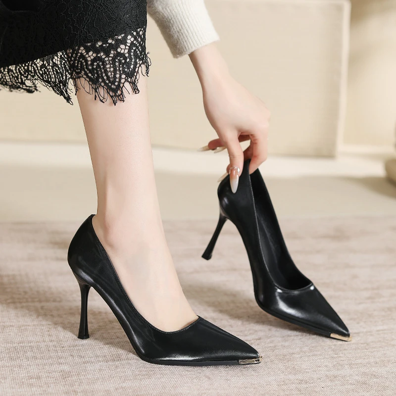 绸段浅口高跟鞋尖头防踢高跟鞋女通勤工作跟鞋女纯色百搭性感气质