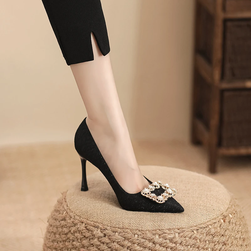 加宽加女鞋格春秋性感黑色细跟浅口高跟鞋单鞋气质百搭黑色高跟鞋