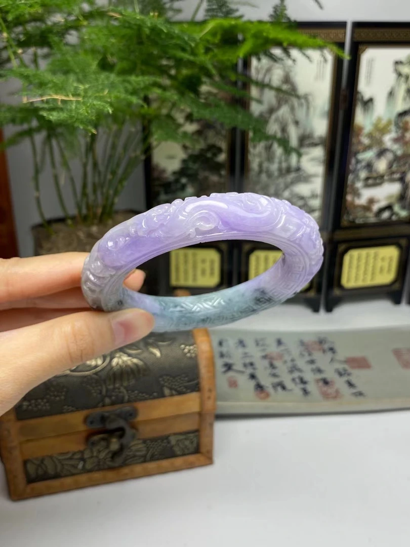 57.7紫罗兰飘花龙凤圆条手镯  天然翡翠A货手镯 728722H9