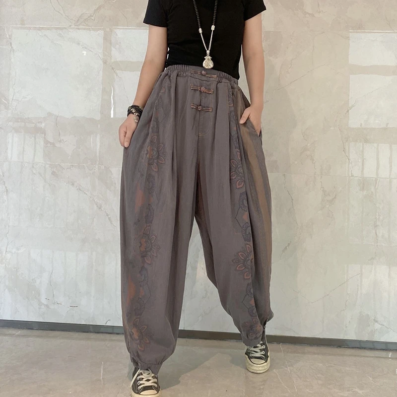 念北穿搭春夏棉麻复古纯色做旧印花灯笼裤K