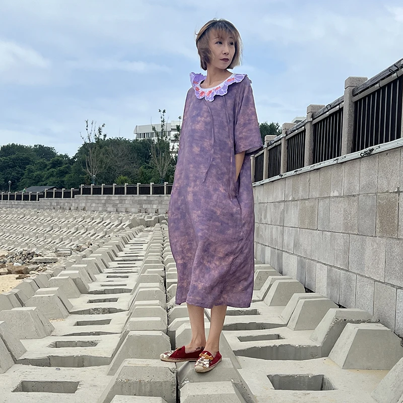 念北穿搭年年有鱼娃娃领气质显瘦复古中长款连衣裙袍子Q