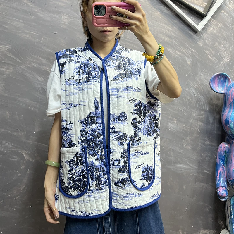 念北穿搭绗棉加棉棉麻山水画印花国风无袖马甲M