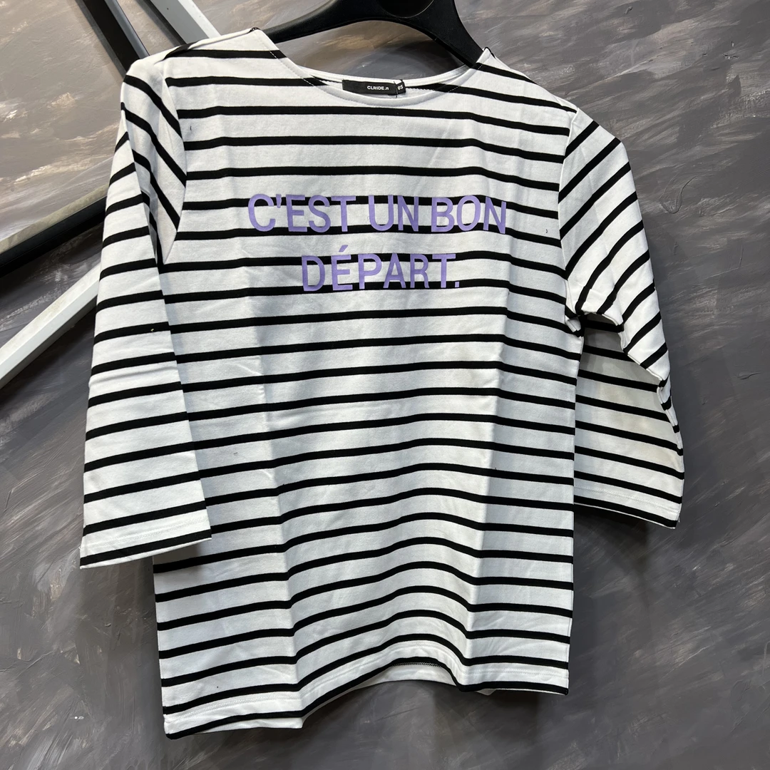 念北穿搭春夏圆领百搭条纹针织9分袖小衫