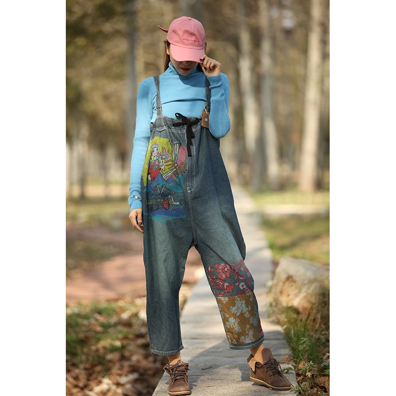 念北穿搭复古印花文艺宽松休闲显瘦牛仔背带裤B