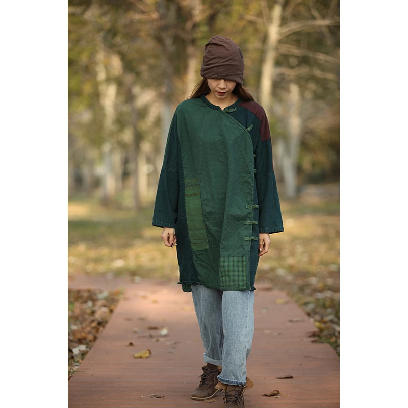 念北穿搭中式中长款中国风济公拼接贴布绿色袍子连衣裙Q