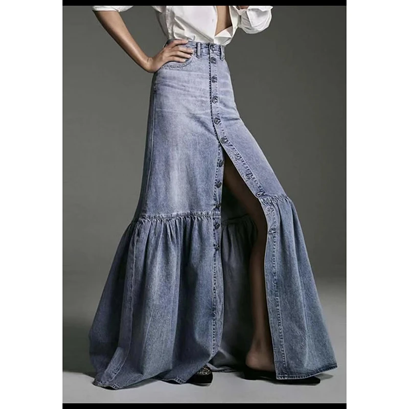 念北穿搭走秀款高腰气质开叉牛仔长款鱼尾裙Q（定制款）