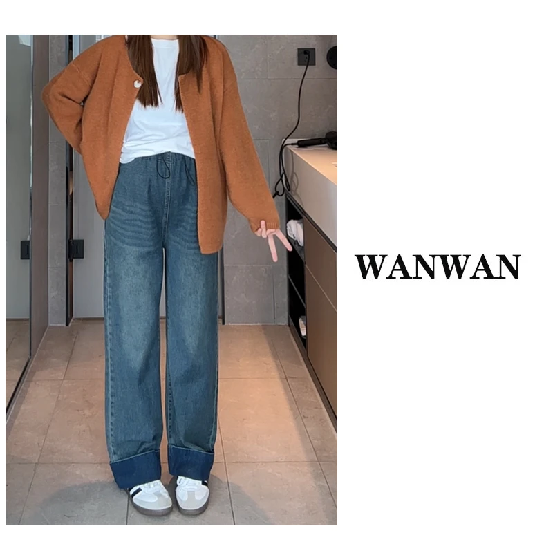 翻边阔腿裤~孕妇2024年秋冬新款阔腿牛仔裤宽松显瘦无托腹布裤子