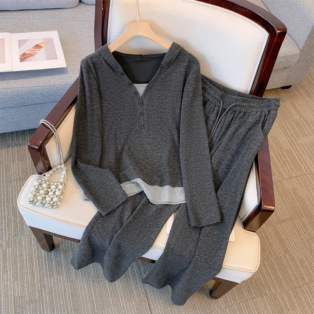 休闲套装女2023春秋新款韩版长袖假两件宽松百搭显瘦直筒裤套装