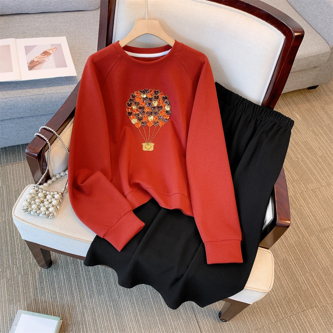 胖妹妹时尚重工刺绣圆领卫衣女韩版洋气大码女装宽松慵懒长袖上衣