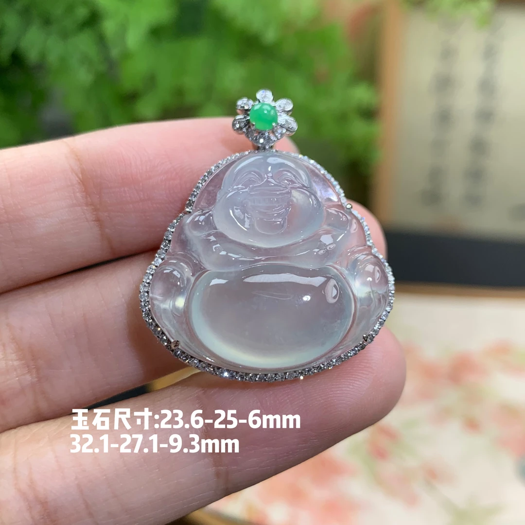 仙子翡翠18k金镶嵌高冰起光冰透佛公吊坠弥勒佛缅甸翡翠A货时尚