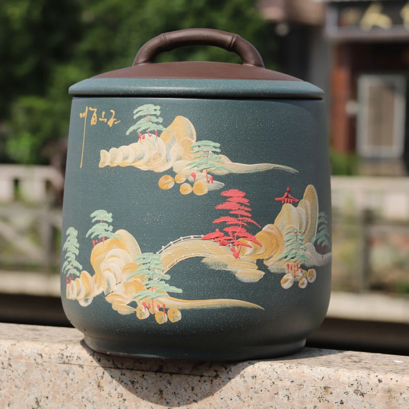 绿手把山水罐 高度29宽度25口径19cm