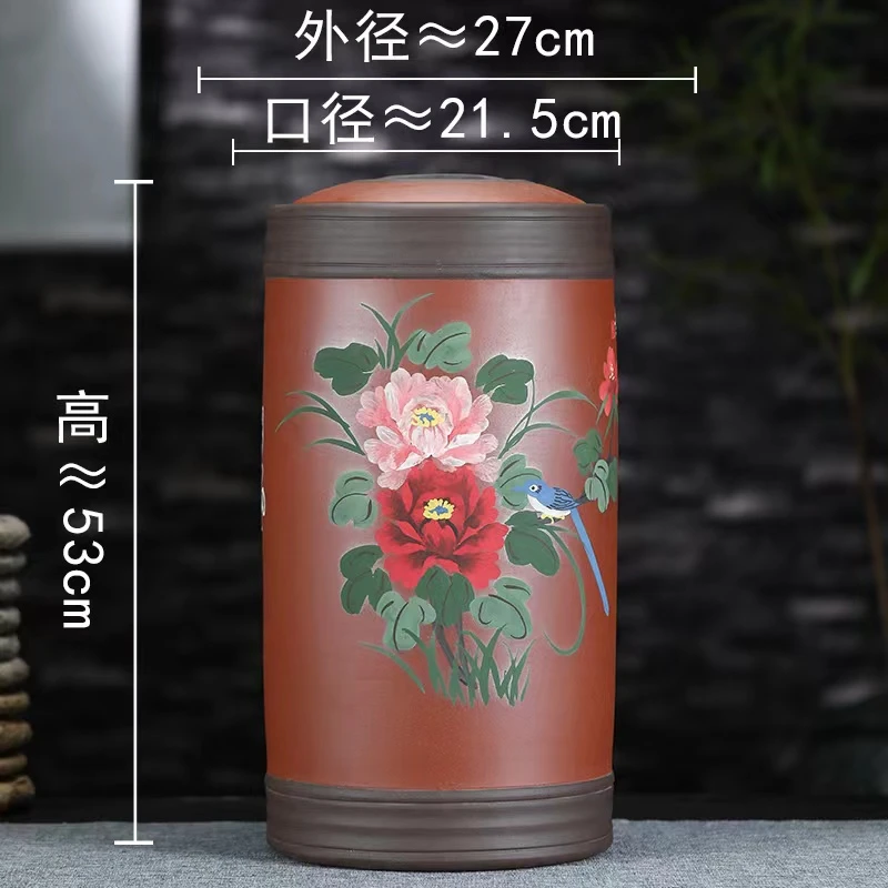 紫砂茶叶罐密封防潮 家用21饼装普洱茶大号茶罐 纯手工笔画牡丹图