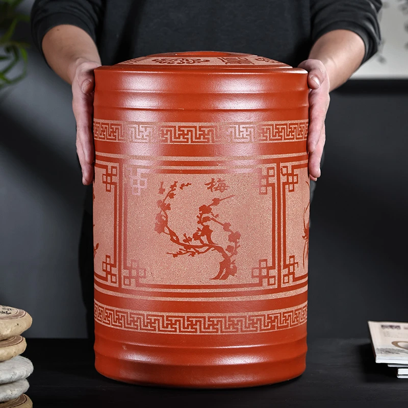25饼清水泥梅兰竹菊罐 宜兴紫砂茶叶罐 高度45宽30口径23cm