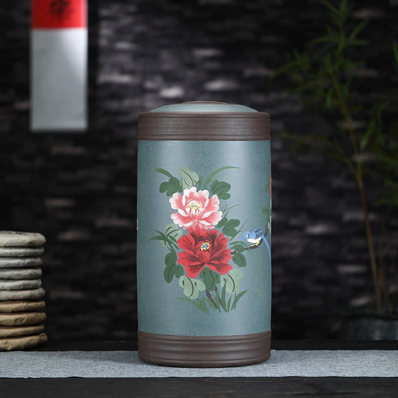 21饼手绘绿花开高度52宽度28口径21cm家用紫砂茶叶罐