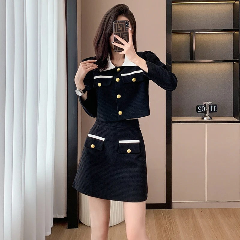 法式小香风套装女2023秋季新款甜美气质上衣短裙两件套25-35套裙