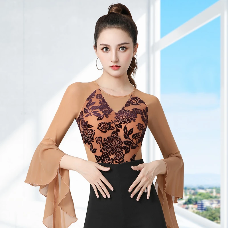 烧花拼接网纱飘袖丹宝罗交际舞舞蹈服时尚飘袖显瘦连体衣摩登服